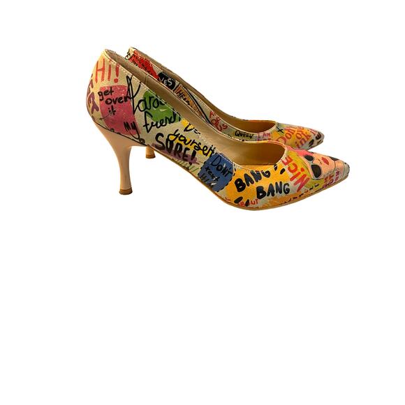 DOGO Vegan High Heel Shoes Cartoon And Slogans Print Women's Size 7 - Picture 6 of 14